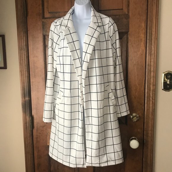 NWT Melloday White & Navy Blue Windowpane Open Coat Large - Picture 1 of 8